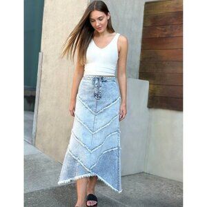 Wash Lab Chevron‎ Maxi Skirt Size 29 Women's Denim Raw Frayed Edges Asymmetrical